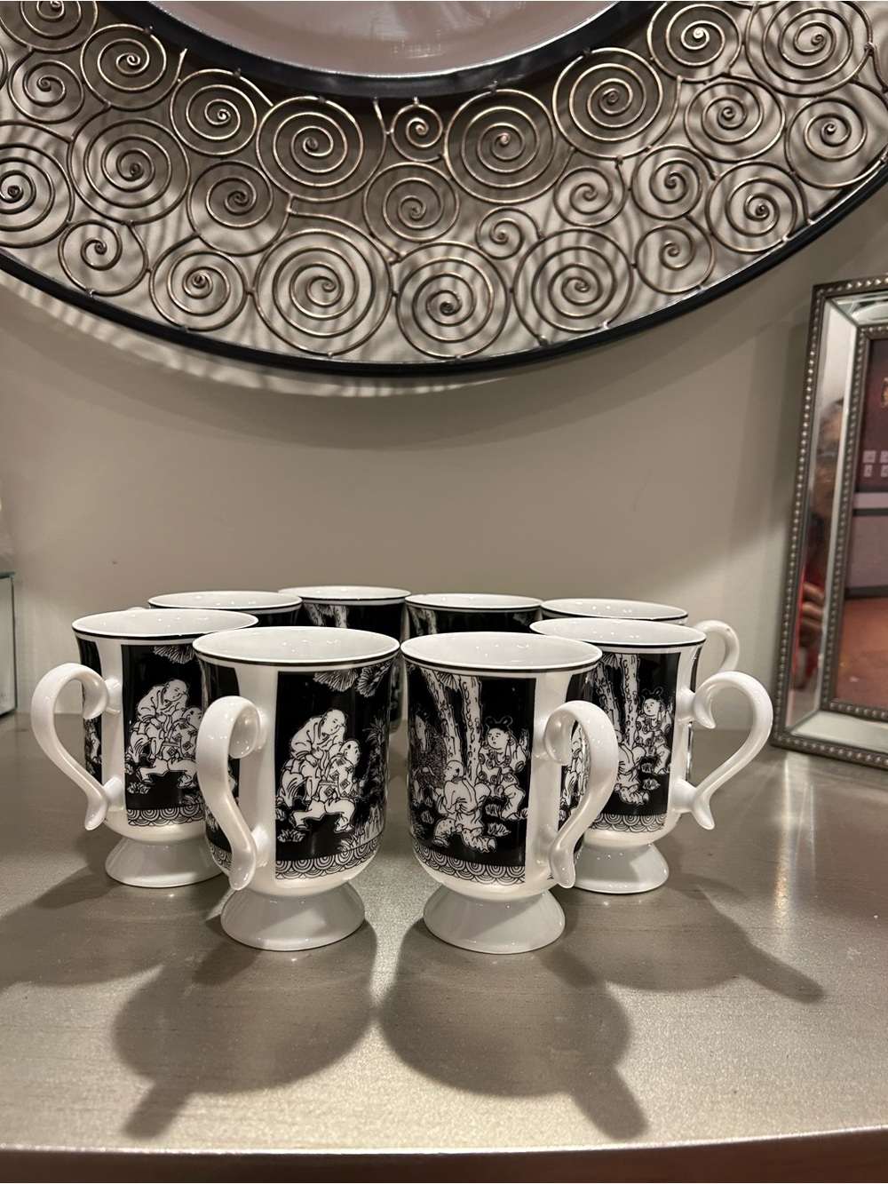 Black & White Footed Porcelain Mugs with Floral Cherub Motif - Set of 8